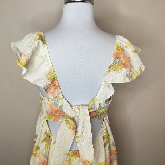 American Eagle Floral Dress Tie Back Pockets Cream Peach Crinkle - Picture 7 of 8